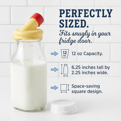 kitchentoolz Glass Creamer Bottle 12 Oz Square Glass Milk Bottle with Lids- Glass Bottles with Lids - Milk Container for Refrigerator - 12 Ounce Milk Bottle with Lid and Pour Spout