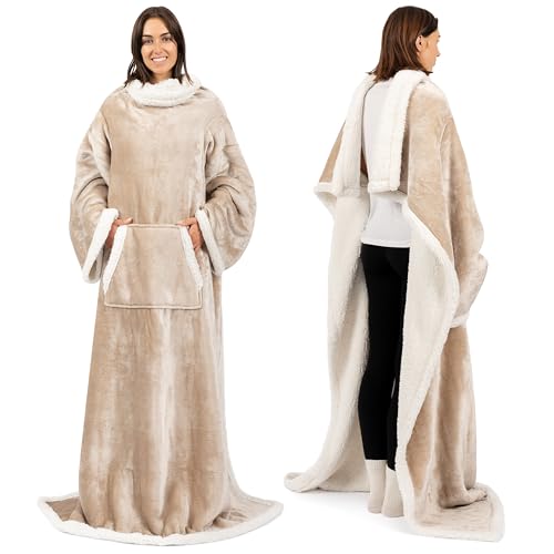 PAVILIA Sherpa Wearable Blanket with Sleeves and Pocket, Plush Thick Cozy Body Blanket Wrap for Adult Women Men, Christmas Gift for Wife Mom, Taupe Tan - color: Taupe