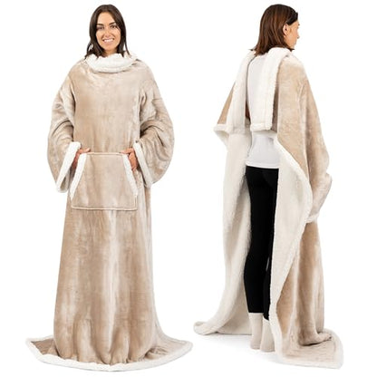 PAVILIA Sherpa Wearable Blanket with Sleeves and Pocket, Plush Thick Cozy Body Blanket Wrap for Adult Women Men, Christmas Gift for Wife Mom, Taupe Tan - color: Taupe