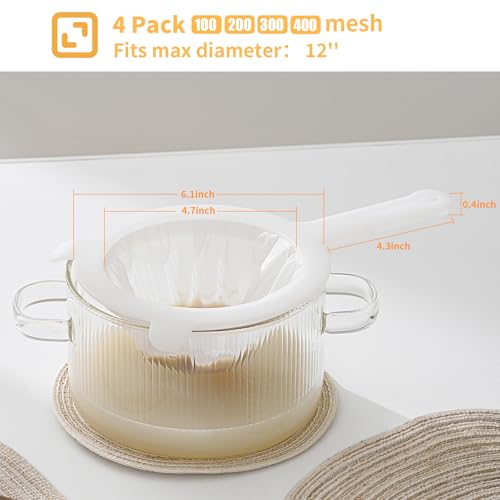 Premium Multi-Mesh Strainer Set, 4 Pack - 100/200/300/400 Mesh, Nylon & Plastic Fine Mesh Sieve for Tea, Coffe, Nut Milk, Juice, Broth, Smoothies, Reusable & Easy to Clean, Durable,Dishwarer Safe