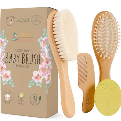 Little Tinkers World Wooden Baby Hair Brush and Comb Set, 4-Piece | Natural Wooden Set with Soft Goat Hair Bristle Brush, Beech Wood Massage Brush, Maple Wood Comb & Soft Silicone Scalp Brush