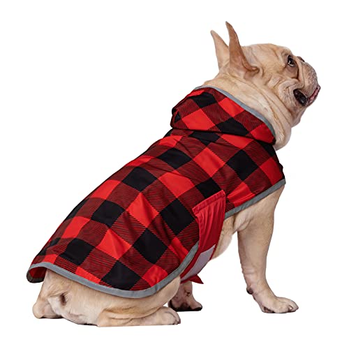 HDE 2-in-1 Reversible Dog Raincoat Hooded Poncho Rain Jacket Red Plaid M - color: Buffalo Plaid / Red, size: Medium