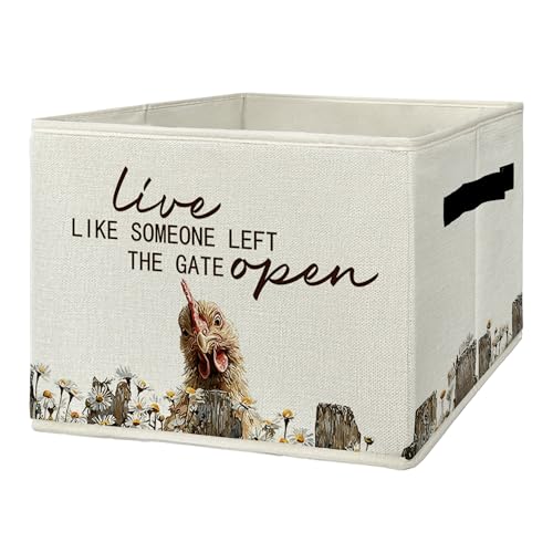 Rustic Chicken Storage Bins & Boxes with Handles, Farmhouse Chicken Foldable Basket for Organizing, Live Like Someone Left the Gate Open Collapsible Storage Basket for Bedroom Bathroom - color: chicken