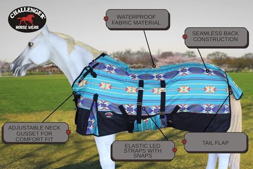 Challenger 1200D Turnout Waterproof Rain Horse Sheet Light Winter Blanket 378B - color: Turquoise Aztec, size: 68 inches
