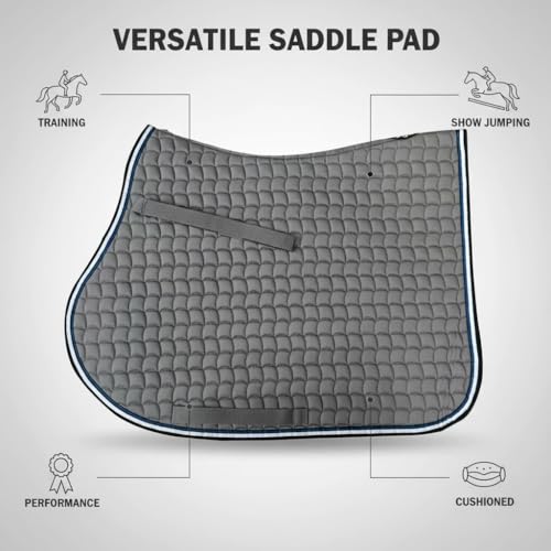 Premium English Horse Saddle Pad, Quilted Square Design, Available in Pink, Mint Green and Red etc, All-Purpose with Girth Straps (Gray) - color: Gray
