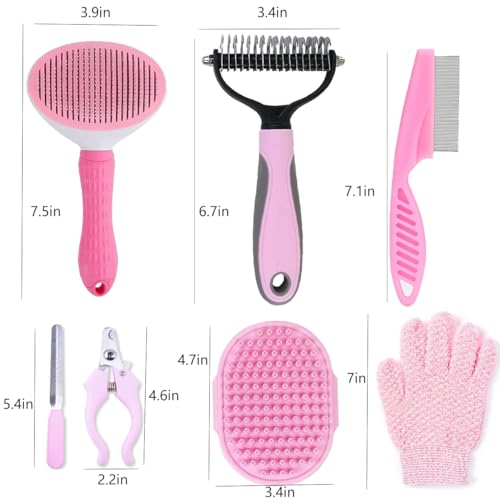 7 PCS Dog Brush Dog Grooming Kits,Dog Shedding Brush，Self-Cleaning Brush with Nail Clipper, Flea Comb and Shampoo Bath Brush