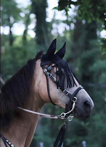 Horse/Full Fly Bonnet with Ears Net with Fringes Fly Veil Mask Hood Cotton Crochet Hand Made Breathable Protect Equestrian Tack Shows (Blue)
