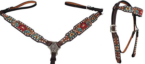 CHALLENGER Horse Western Leather Tooled Headstall Bridle Breast Collar Tack Set 78HRBrowbandSet - color: Brown