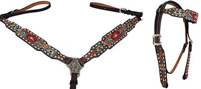 CHALLENGER Horse Western Leather Tooled Headstall Bridle Breast Collar Tack Set 78HRBrowbandSet - color: Brown