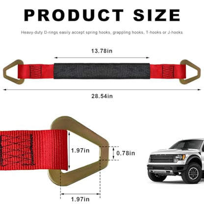 2" × 29" Premium Axle Tie Down Strap with D Rings, Heavy Duty Auto Axle Straps with Protective Sleeves 6614 Lb. Capacity, Adjustable Tire Strap Tie Down for Securing Car Transport (Red) - color: Red