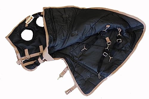 AJ Tack 1200D Waterproof Winter Horse Blanket with Hood - 400g Heavyweight Turnout with Fleece Collar, Shoulder Gussets & Tail Flap - Black 66" - size: 66 Inches Small