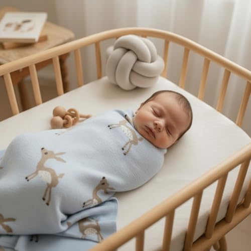 Knit Baby Swaddle Blanket - 100% Cotton Soft Cozy Receiving Swaddle Stroller Blanket for Shower Gift Registry for Newborns, Infants, Toddlers (Deer - Blue) - color: 09 - Deer - Blue