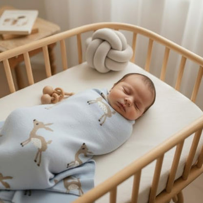 Knit Baby Swaddle Blanket - 100% Cotton Soft Cozy Receiving Swaddle Stroller Blanket for Shower Gift Registry for Newborns, Infants, Toddlers (Deer - Blue) - color: 09 - Deer - Blue