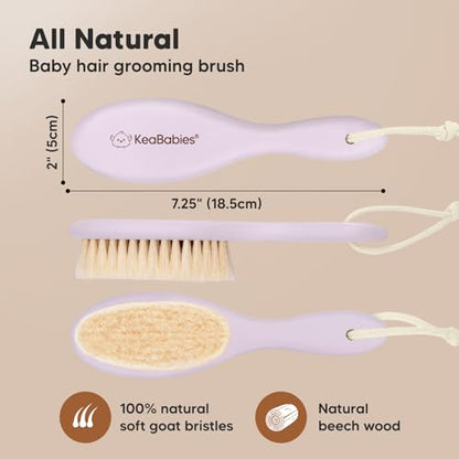 Keababies Baby Hair Brush and Baby Hair Brush and Comb Set - Wooden Brush with Soft Goat Bristles, Soft for Newborn's Head and Craddle Cap Softener