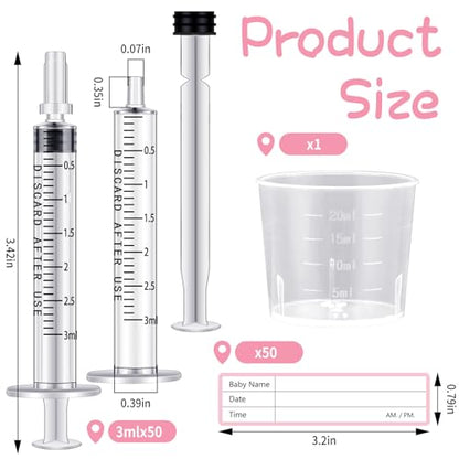 Trelaco 50 Sets 3 Ml Breast Milk Syringes No Needle Colostrum,3 Ml | Sterile Sealed with Caps and Cup, Baby Name Labels, Needle-free Harvesting for Storing Freezing Milk, For Postpartum Moms - size: 3 ml