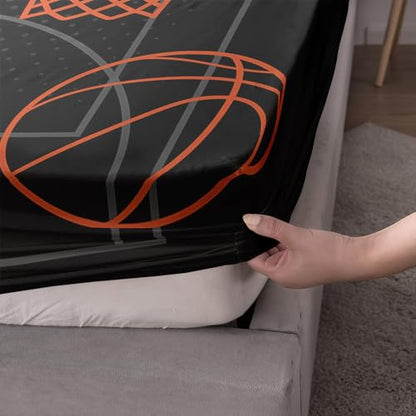 Basketball Court Twin Bedding Set,1 Fitted Sheet+2 Pillowcases. - color: Black-orange, size: Twin