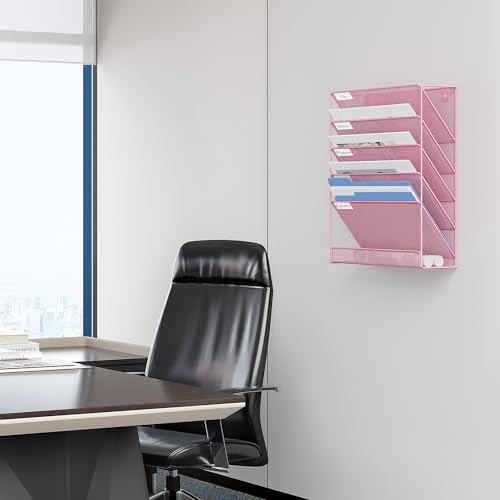 EasyPAG 5 Tier Wall File Holder, Mesh Hanging Folder Organizer with Classify Label, Versatile Desk File Holder, Vertical Wall Mounted Mail Organizer for Office Home Cubicle, Pink - color: Pink