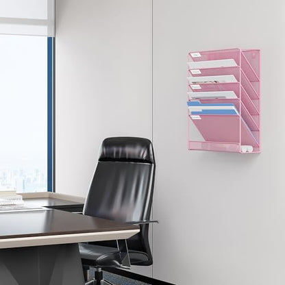 EasyPAG 5 Tier Wall File Holder, Mesh Hanging Folder Organizer with Classify Label, Versatile Desk File Holder, Vertical Wall Mounted Mail Organizer for Office Home Cubicle, Pink - color: Pink