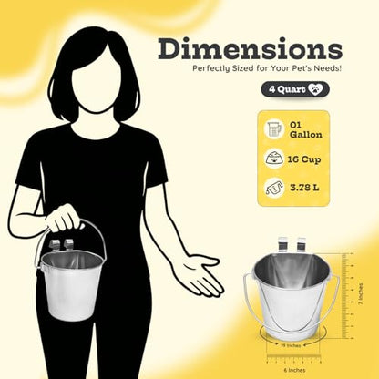 4 Quart Stainless Steel Flat Sided Bucket with Dual Hooks | 2 Pcs Durable Food & Water Bowl for Dogs Cats Goat & Livestock | Fits kennel Cage Critter Crate Hanging Pet Pail | Multipurpose - size: 4 Quart (Pack of 2)