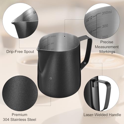 Honeydak 6 Pcs Milk Frothing Pitcher 304 Stainless Steel Steaming Pitchers for Coffee Bar Cappuccino Barista Tools Milk Jug Steamer Frother Cup (12 oz) - color: Black, size: 12 oz