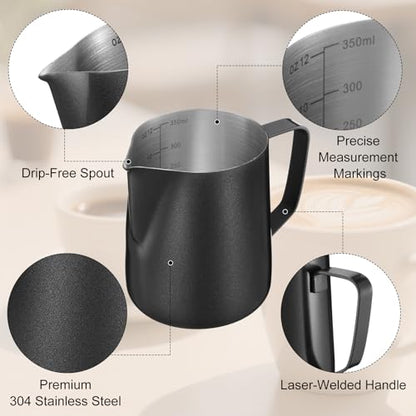 Honeydak 6 Pcs Milk Frothing Pitcher 304 Stainless Steel Steaming Pitchers for Coffee Bar Cappuccino Barista Tools Milk Jug Steamer Frother Cup (12 oz) - color: Black, size: 12 oz