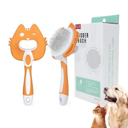 HOP Orange Self Cleaning Slicker Brush for Dogs&Cats for Shedding 17mm | Bead-Tipped Stainless Steel Pins,ABS+TPR Handle,Dog Brush for Shedding,Gentle&Non-Sensitive,Remove Loose Hair Tangles