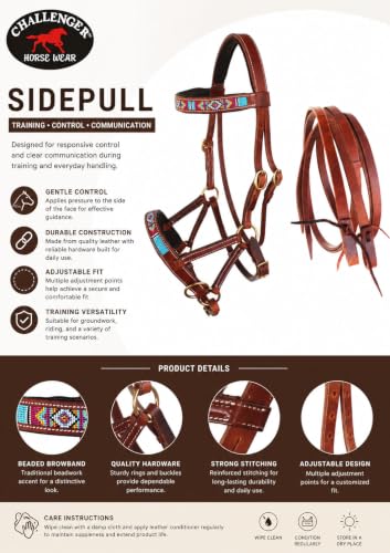 CHALLENGER Horse Western Black Leather Beaded Bitless Padded Sidepull Bridle w/Reins 77RS15 - color: Tan/Beaded