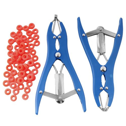 2 Pack Livestock Castration Bander with 50 Pcs Castrator Rings, Bloodless Animal Elastrator Castration, Animal Tail Cutting Tool for Lambs Sheeps Calves Piglets, Balloon Expander Pliers Tools