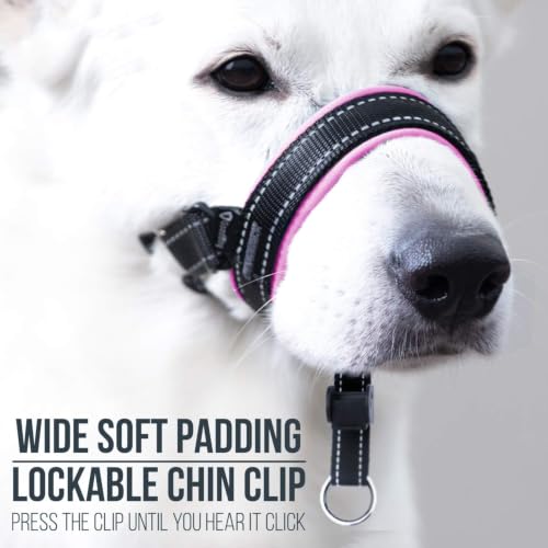 GoodBoy Dog Head Halter with Safety Strap - Stops Heavy Pulling On The Leash - Padded Headcollar for Small Medium and Large Dog Sizes - Head Collar Training Guide Included (Size 1, Pink) - color: Black Nylon / Pink Padding, size: Size 1