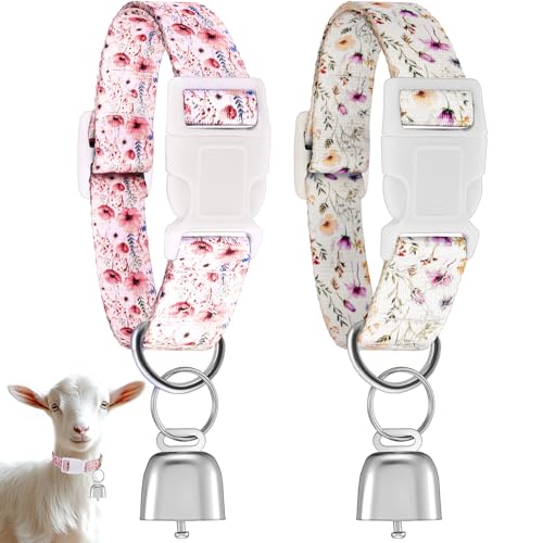 2 Pack Floral Goat Collars with Bells, White Pink Girly Pattern for Lambs - style: Floral