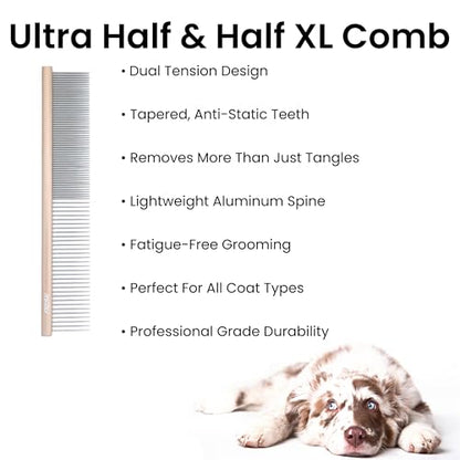 Fresh Ultra Half & Half XL Metal Pet Comb, Oval Aluminum Handle, Metal Grooming Comb for Dogs, 9.75" - style: Ultra Half & Half XL