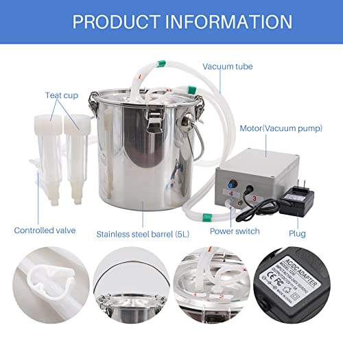 5L Goat Milking Machine Adjustable Pulsation Electric Milker | Automatic Pulsating Vacuum Pump Livestock Milking Supplies with Stainless Bucket, High Efficiency, Adjustable,Easy to Use