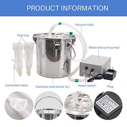 5L Goat Milking Machine Adjustable Pulsation Electric Milker | Automatic Pulsating Vacuum Pump Livestock Milking Supplies with Stainless Bucket, High Efficiency, Adjustable,Easy to Use