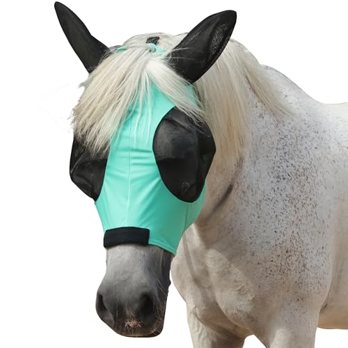 Stretchy Horse Fly Mask with Ears, Large Eye Space Green Cob - color: Green, size: Cob