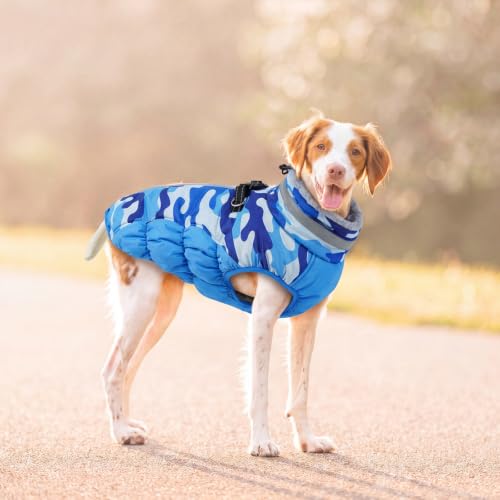 Lelepet Dog Winter Coat with Harness, Waterproof Reflective Camo Jacket - color: Blue Camo, size: X-Small