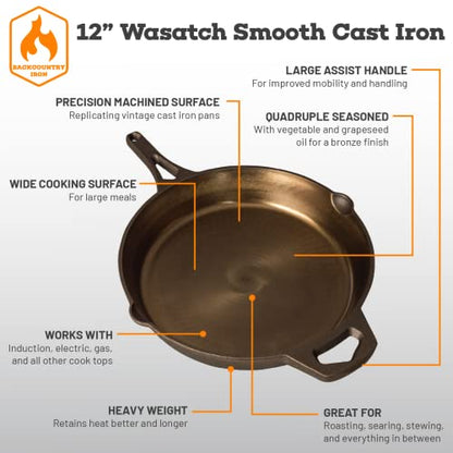 12 Inch Smooth Wasatch Pre-Seasoned Round Cast Iron Skillet - size: 12 Inch