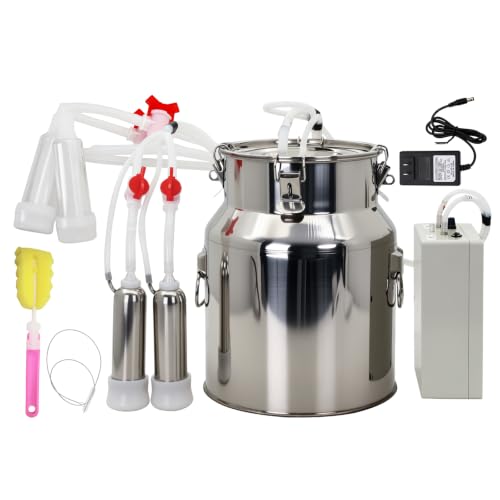 2-in-1 Goat and Cow Milking Machine, 3.7Gal Stainless Steel Bucket with 5200mAh Built-in Rechargeable Battery, Cordless Electric Vacuum Pulsator, 4 Teat Cups, Portable Electric Milking Machine (14L)
