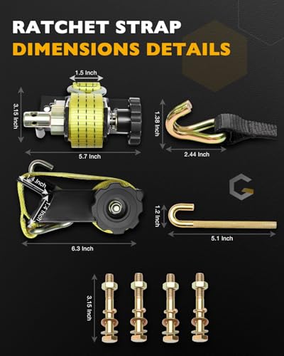 Lumber Rack Straps, Ladder Rack Ratchet Strap, 1.4" Black Square Tube Mount - color: Yellow (2 pcs), size: Black Square Tube
