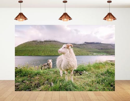 5x3ft Fjord Sheep Backdrop White Wool Sheep Green Grass Lakeside Misty Stratified Mountain Photography Background Tapestry Party Nordic Pastoral Decorations Photo Booth Props - size: 5x3ft