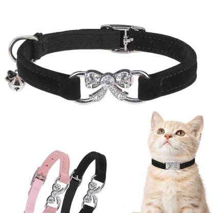 BINGPET Diamond Cat Collar with Bell,Adjustable Kitten Collar,Black - color: Black(Bowknot), size: Neck Girth 8"-10"