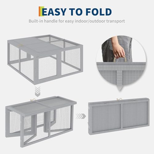 Folding Chicken Coop Run Rabbit Hutch, Portable Wooden Chicken Cage Pens, Small Animal Playpen with Top & Side Opening Doors, No Assembly for Indoor/Outdoor Small Animals & Poultry, Gray