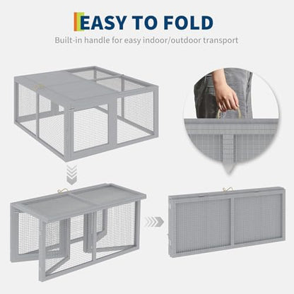 Folding Chicken Coop Run Rabbit Hutch, Portable Wooden Chicken Cage Pens, Small Animal Playpen with Top & Side Opening Doors, No Assembly for Indoor/Outdoor Small Animals & Poultry, Gray