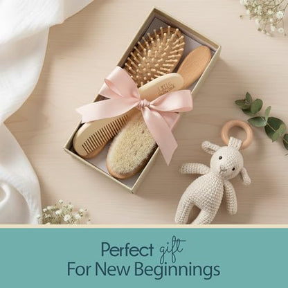 Little Tinkers World Wooden Baby Hair Brush and Comb Set, 4-Piece | Natural Wooden Set with Soft Goat Hair Bristle Brush, Beech Wood Massage Brush, Maple Wood Comb & Soft Silicone Scalp Brush