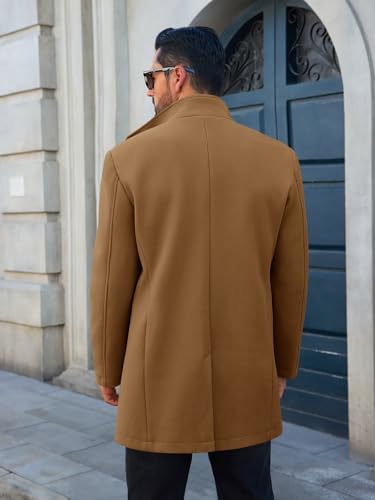 Runcati Mens Pea Coat Single Breasted Mid Long Trench Coat Overcoat | Slim Fit, Stand Collar, Fall Winter, Jacket, Pocket, Warm, Casual, Dress, Business, Christmas Gift - color: Brown, size: Medium