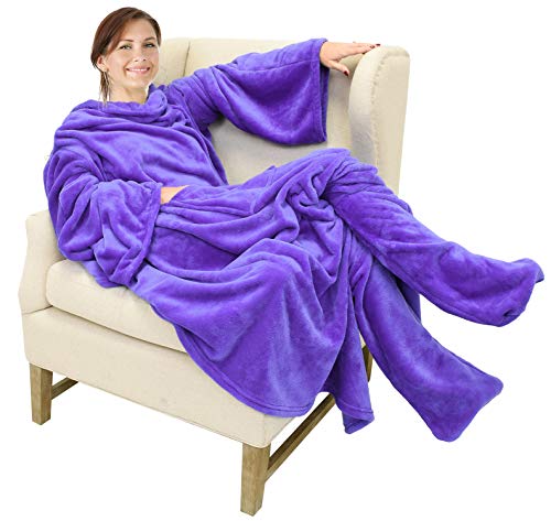 Catalonia Wearable Blanket with Sleeves & Foot Pocket for Adults - color: Purple, size: Fleece