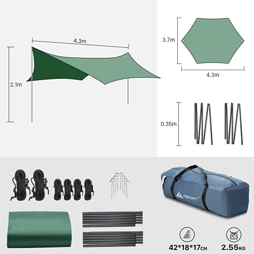 Forceatt 12x14FT Waterproof Camping Tarp with 2 Poles, Sun Shelter for Car, Tent, Hammock in Camping, Hiking, Backpacking, Garden and Traveling - color: Green & Gray
