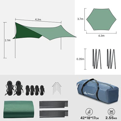 Forceatt 12x14FT Waterproof Camping Tarp with 2 Poles, Sun Shelter for Car, Tent, Hammock in Camping, Hiking, Backpacking, Garden and Traveling - color: Green & Gray