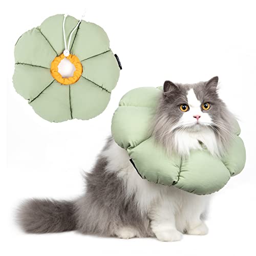 Cat Cone Collar,Cute Waterproof Cat Recovery Collar,Anti-Bite Lick Wound Healing Safety Elizabethan e Collar for Cats,Green Flower All-Season Style - color: Green Flower, size: Large