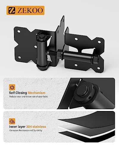 ZEKOO Stainless Steel Vinyl Fence Gate kit, Self Closing Gate Hinge & Latch | Rust Proof, Use for Vinyl Fence Gate and Wood Fences Gate, Heavy Duty 1 Gate Latch 2 Gate Hinges (Black) - color: Black One Set
