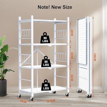 Himix 4-Tier Foldable Metal Storage Shelf with Wheels Kitchen White - color: White, size: 4-Tier